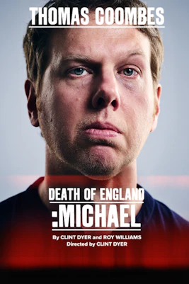 Actor performing on stage in "Death of England: Michael" play at a London theater.
