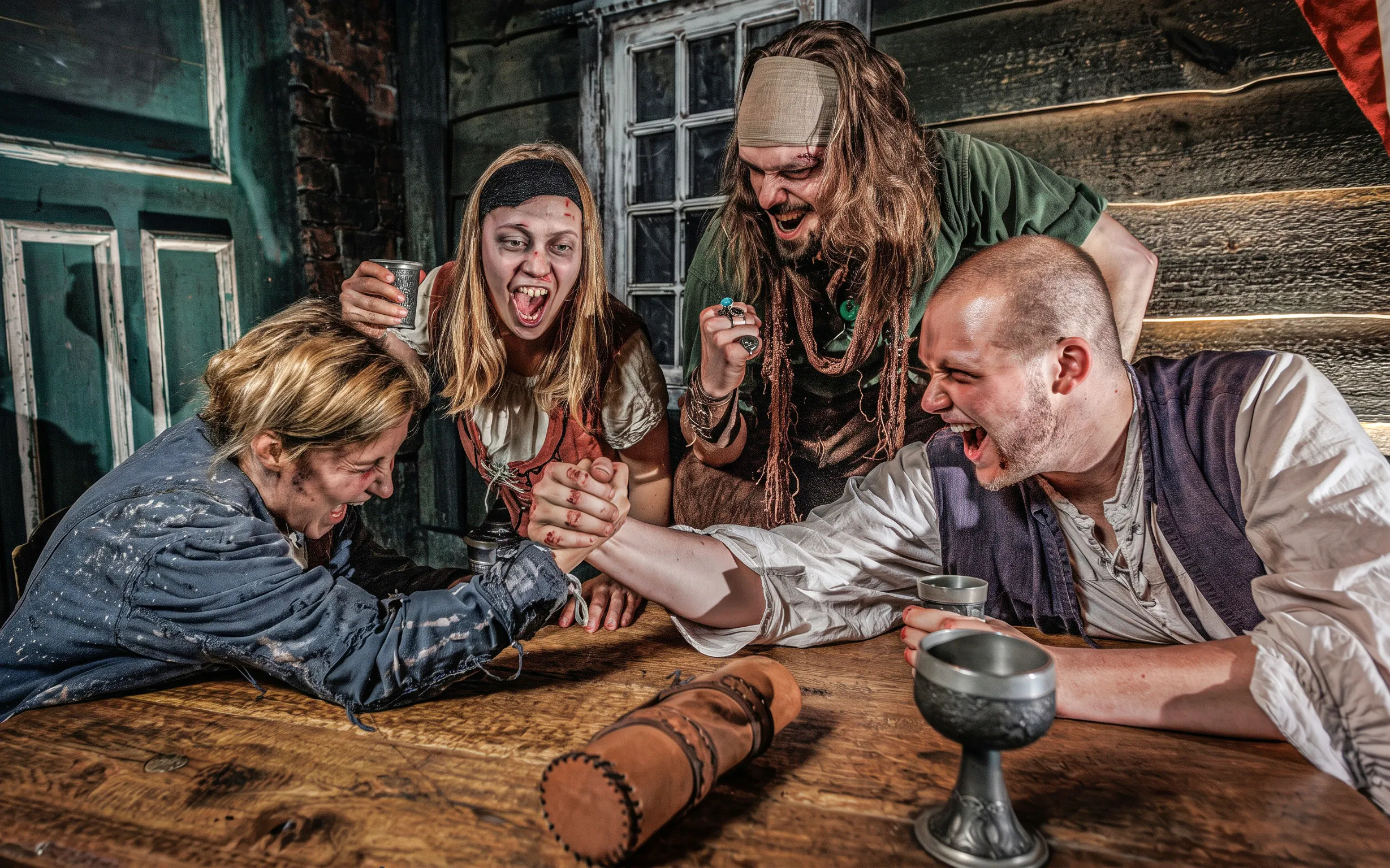 Arm wrestling scene at Hamburg Dungeon with actors in historical costumes.