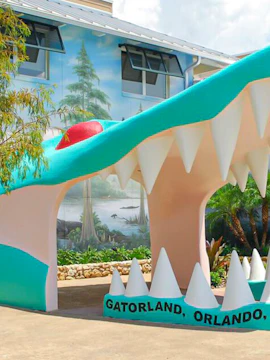Gatorland entrance with giant alligator mouth in Orlando, Florida.