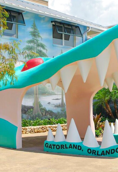 Gatorland entrance with giant alligator mouth in Orlando, Florida.