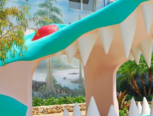 Gatorland entrance with giant alligator mouth in Orlando, Florida.