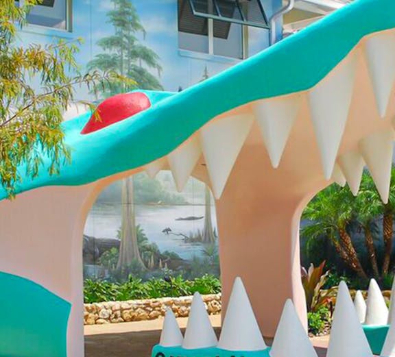 Gatorland entrance with giant alligator mouth in Orlando, Florida.