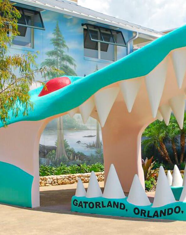 Gatorland entrance with giant alligator mouth in Orlando, Florida.