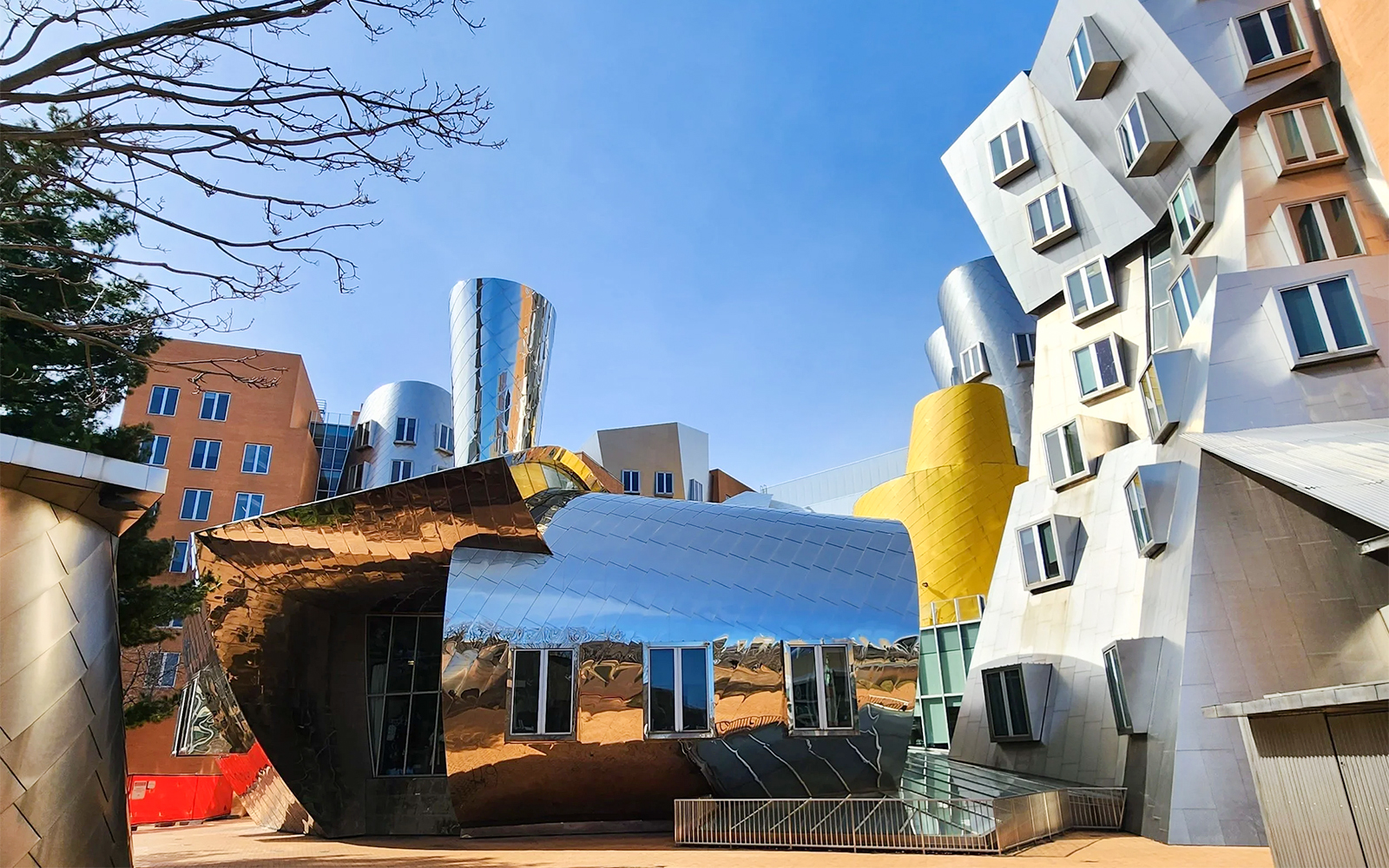 Stratton Center's unique architecture in Cambridge, Massachusetts, featuring reflective and angular designs.