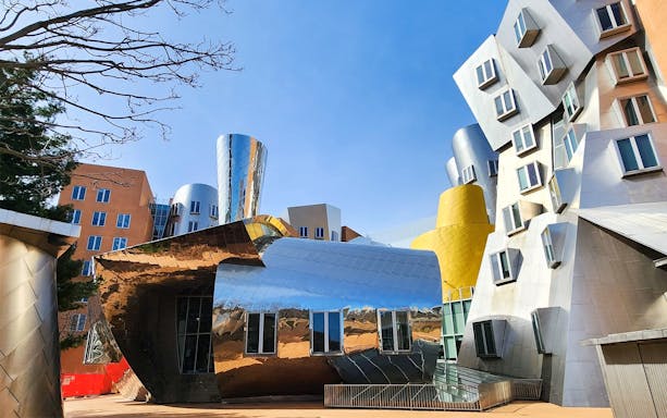Stratton Center's unique architecture in Cambridge, Massachusetts, featuring reflective and angular designs.