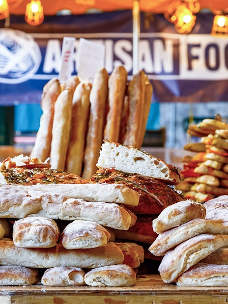 Artisan bread display at Borough Market, London, part of the Eating London: Borough Market & Bankside Food Tour.