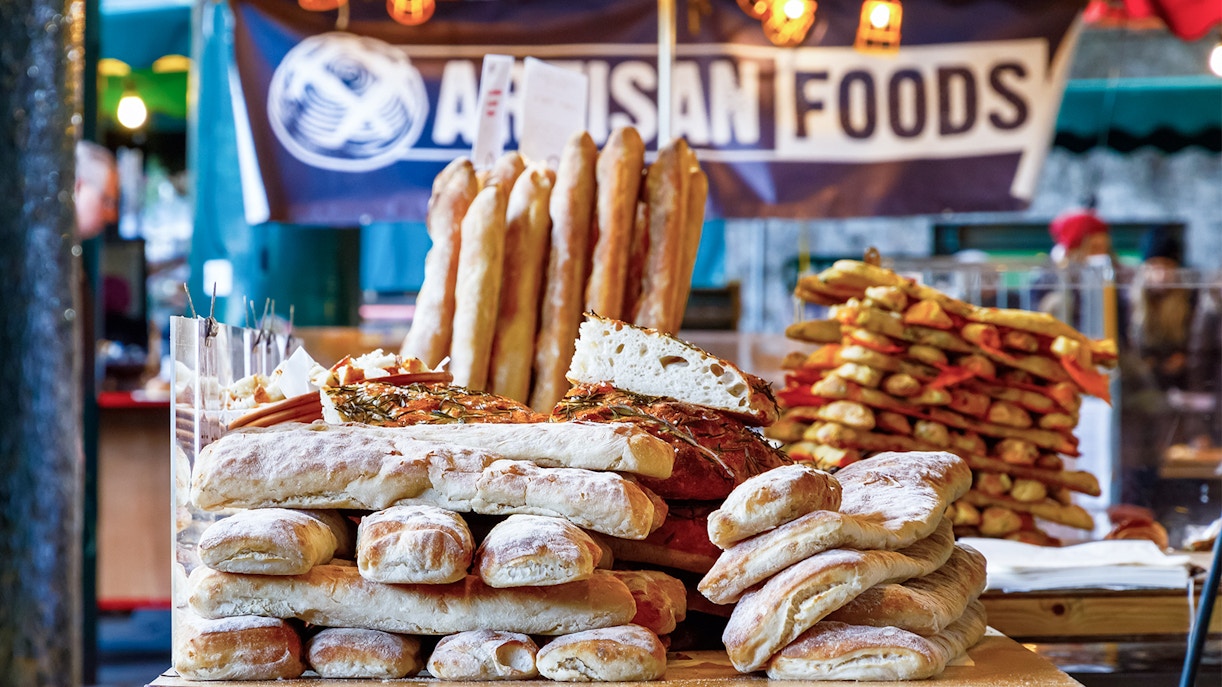 Artisan bread display at Borough Market, London, part of the Eating London: Borough Market & Bankside Food Tour.