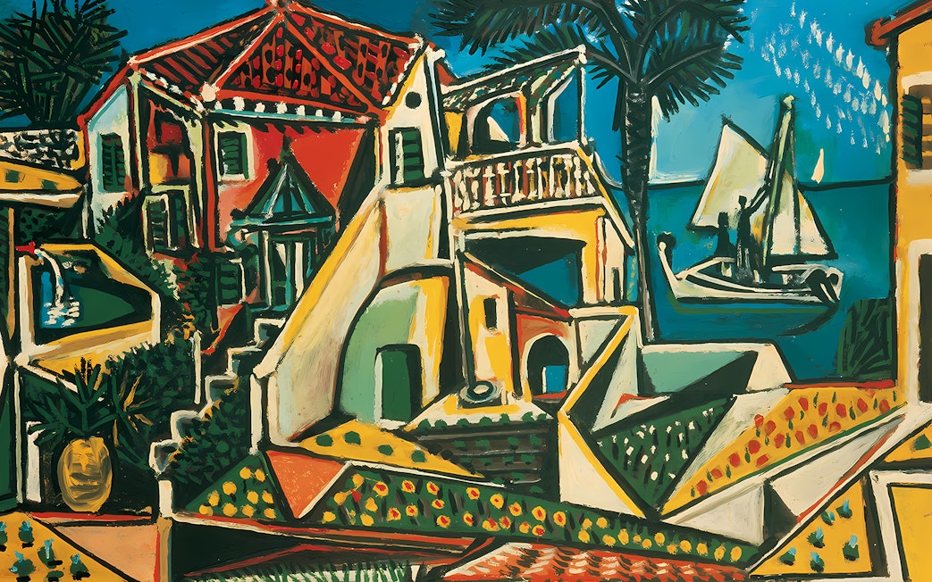 Mediterranean landscape painting by Pablo Picasso, featuring colorful houses and a sailboat, at Albertina Museum.