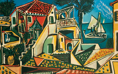 Mediterranean landscape painting by Pablo Picasso, featuring colorful houses and a sailboat, at Albertina Museum.