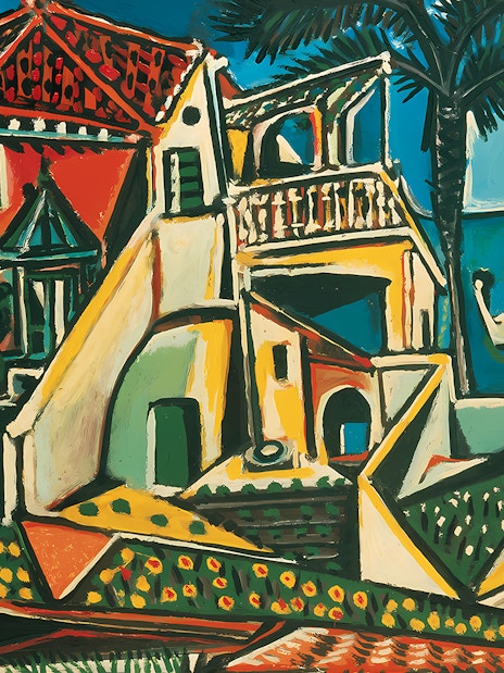 Mediterranean landscape painting by Pablo Picasso, featuring colorful houses and a sailboat, at Albertina Museum.