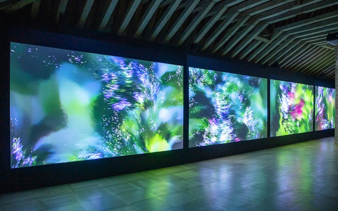 Digital art installation at Chaumont sur Loire Castle, featuring vibrant abstract visuals.