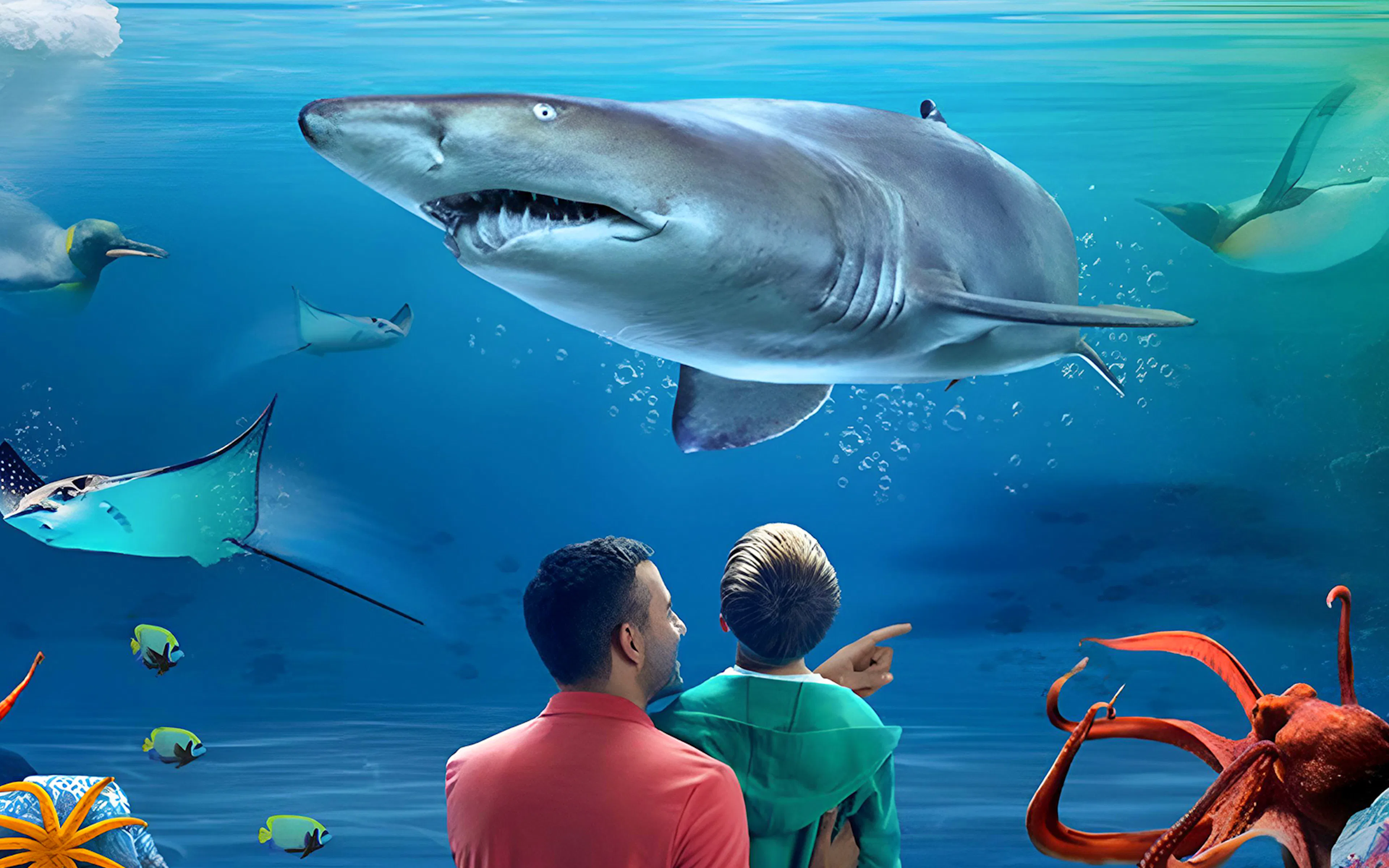 Visitors observing marine life at SEA LIFE Kelly Tarlton's Aquarium, including a shark and stingray.