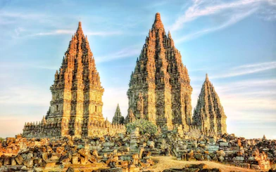Prambanan Temple complex with ancient stone structures in Yogyakarta, Indonesia.