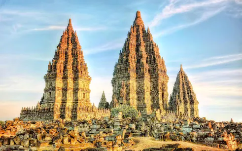 Prambanan Temple complex with ancient stone structures in Yogyakarta, Indonesia.