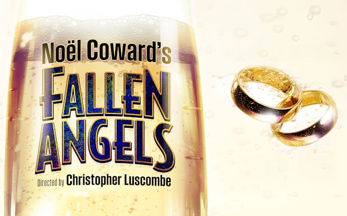 Noël Coward's "Fallen Angels" poster with champagne and wedding rings.