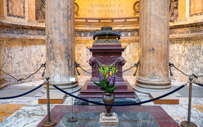 Tomb of King Umberto I inside the Pantheon, Rome, with floral tribute.
