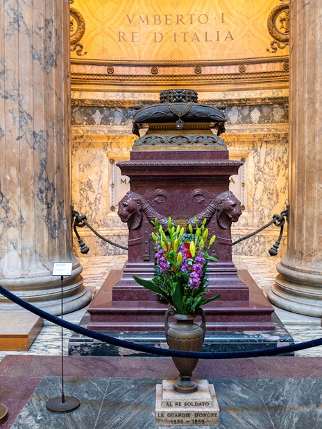 Tomb of King Umberto I inside the Pantheon, Rome, with floral tribute.