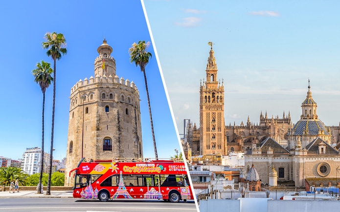 Seville hop-on hop-off bus near Torre del Oro and view of Seville Cathedral and Giralda.