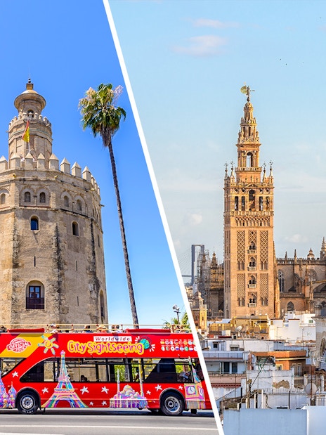 Seville hop-on hop-off bus near Torre del Oro and view of Seville Cathedral and Giralda.