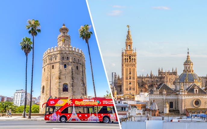 Seville hop-on hop-off bus near Torre del Oro and view of Seville Cathedral and Giralda.