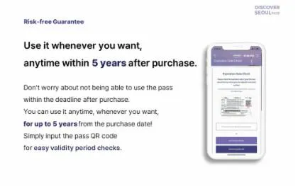 Discover Seoul Pass 72-hour validity details on smartphone screen, highlighting 5-year usage flexibility.