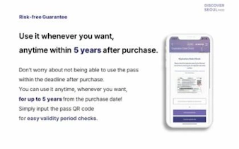 Discover Seoul Pass 72-hour validity details on smartphone screen, highlighting 5-year usage flexibility.