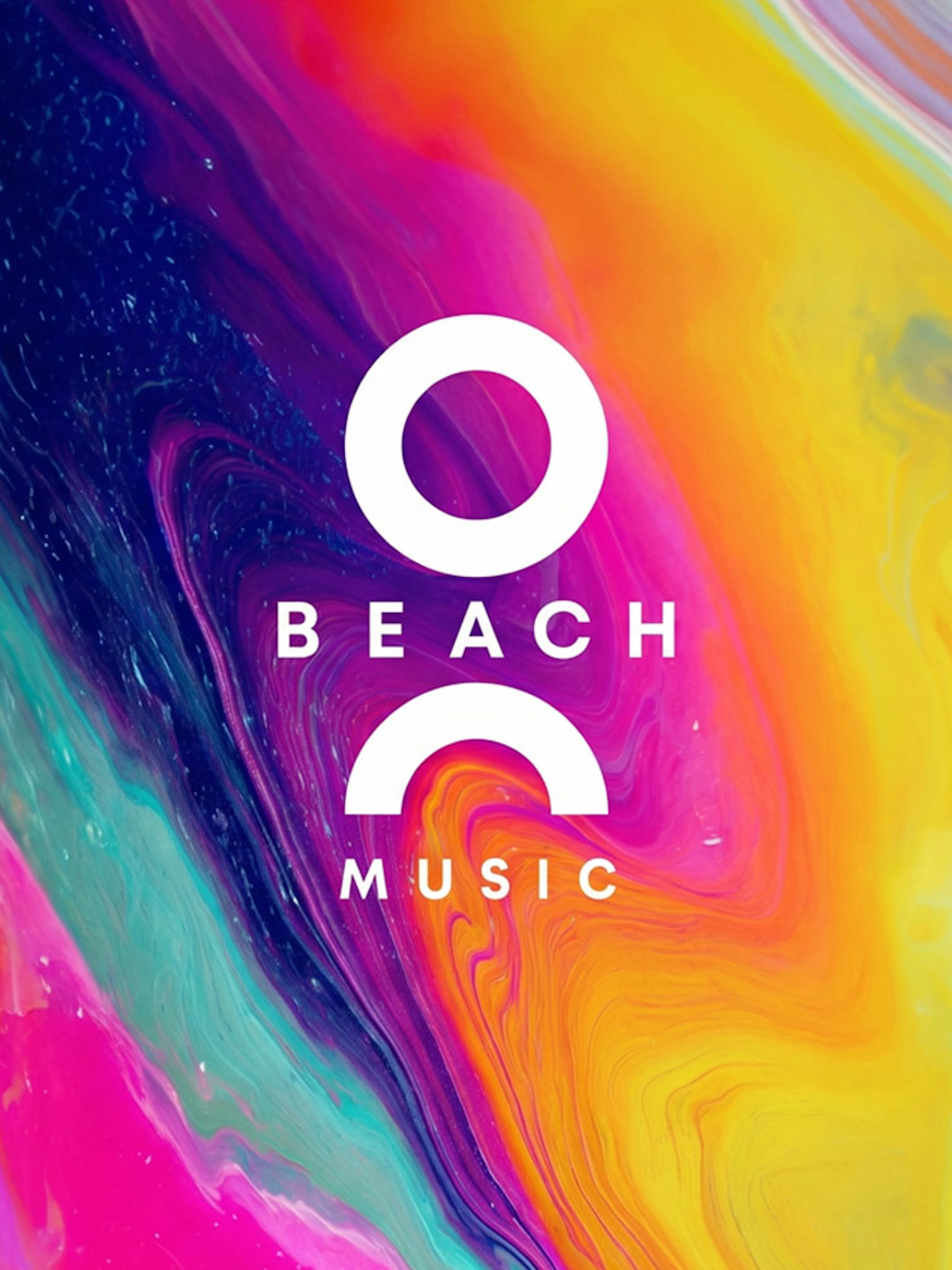 O Beach Music logo on colorful abstract background, Ibiza.