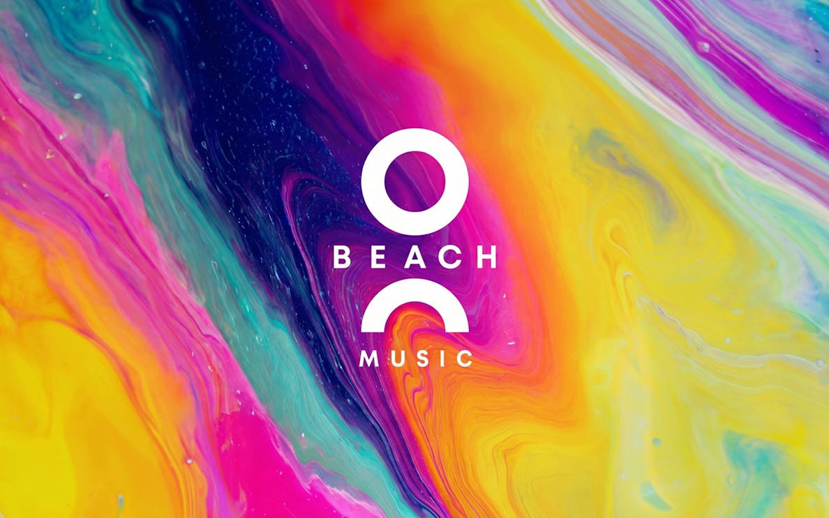 O Beach Music logo on colorful abstract background, Ibiza.