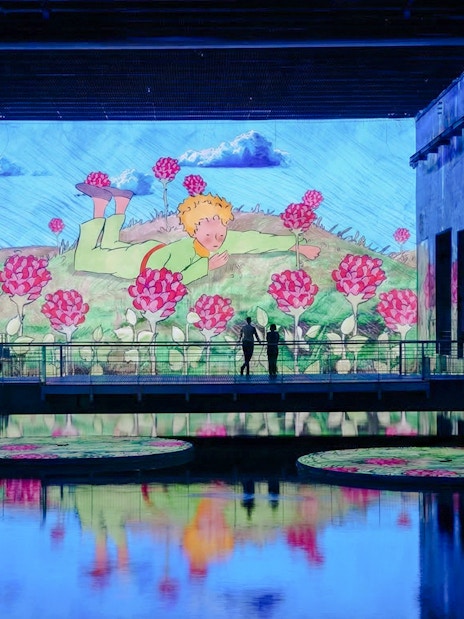 The Little Prince projection at Bassins des Lumières, Bordeaux, with vibrant floral visuals.