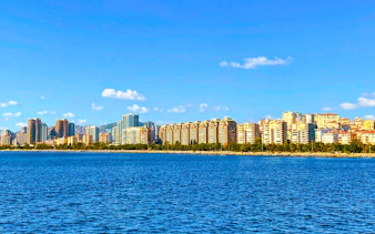 Harbour view of Princes Islands, Istanbul with city skyline in the background.