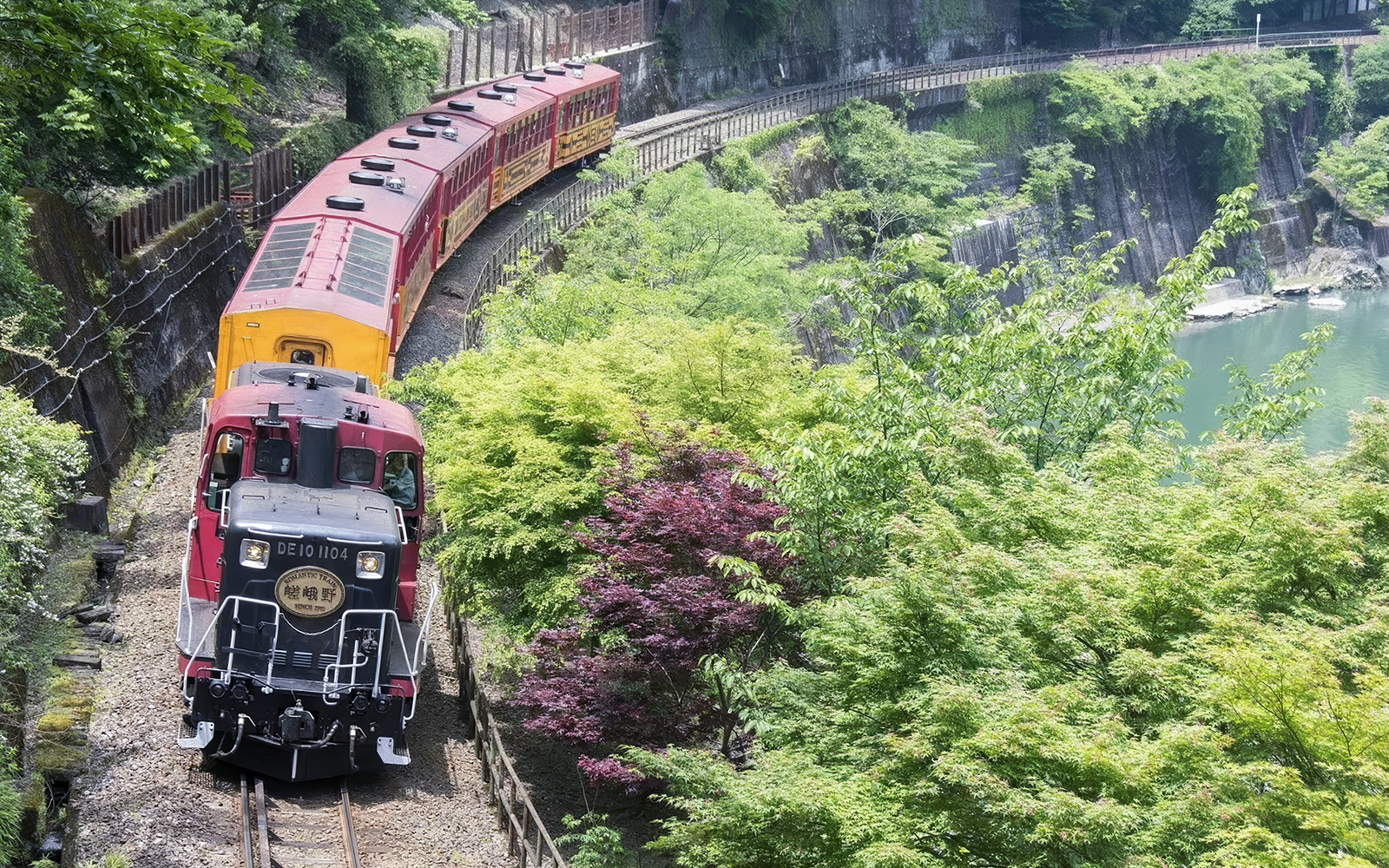 Sagano Romantic Train passing through lush greenery in Kyoto, Japan.