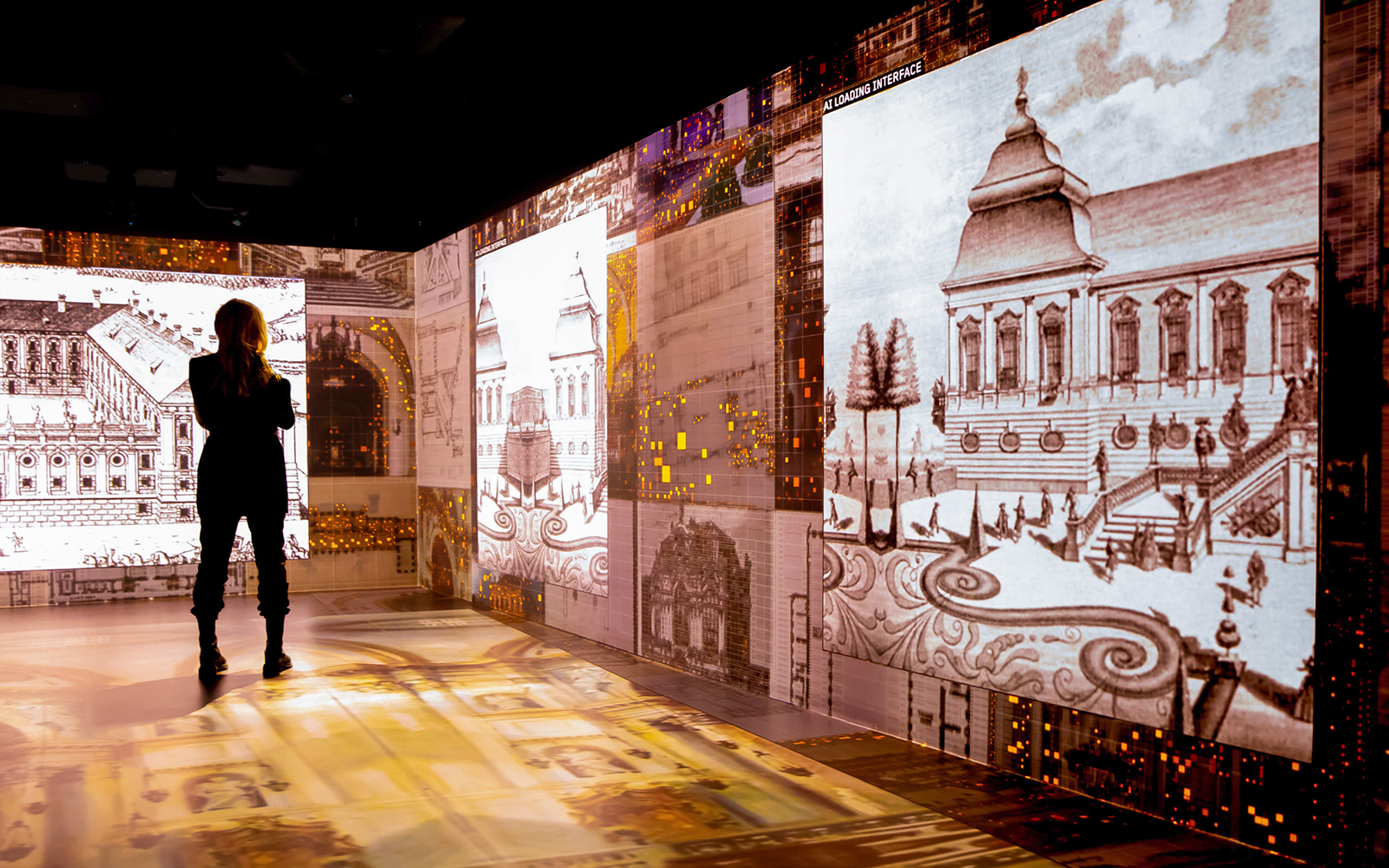 Visitor viewing digital Mozart-themed art installation in Vienna.