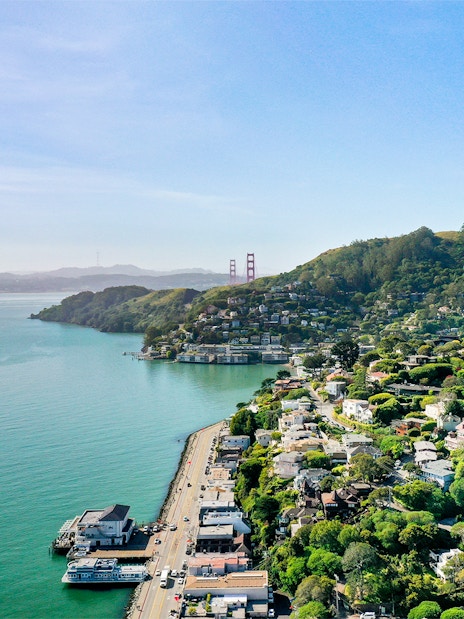 Aerial view of Sausalito and Golden Gate Bridge during helicopter tour, California, USA.