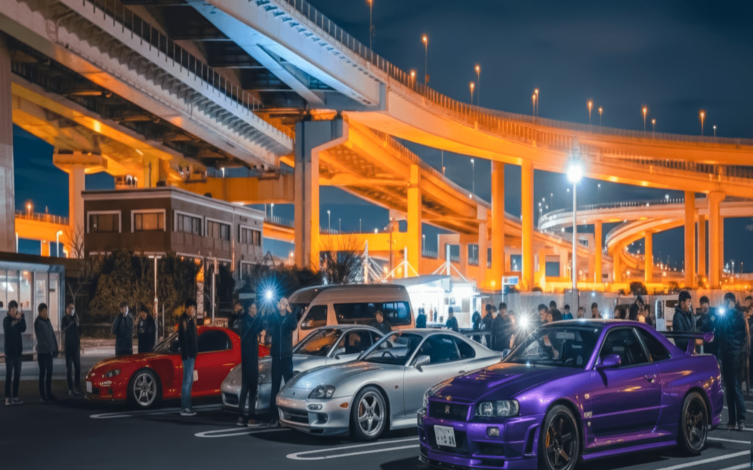 Cars gathered at Daikoku Parking Area under illuminated highway bridges at night.