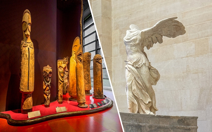 Sculptures inside Musée du Quai Branly, Paris, showcasing diverse cultural art.
