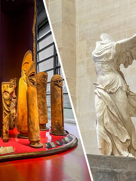 Sculptures inside Musée du Quai Branly, Paris, showcasing diverse cultural art.