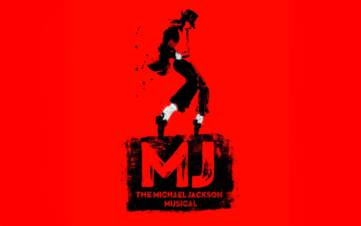 MJ The Musical logo with silhouette of a dancer on a red background.