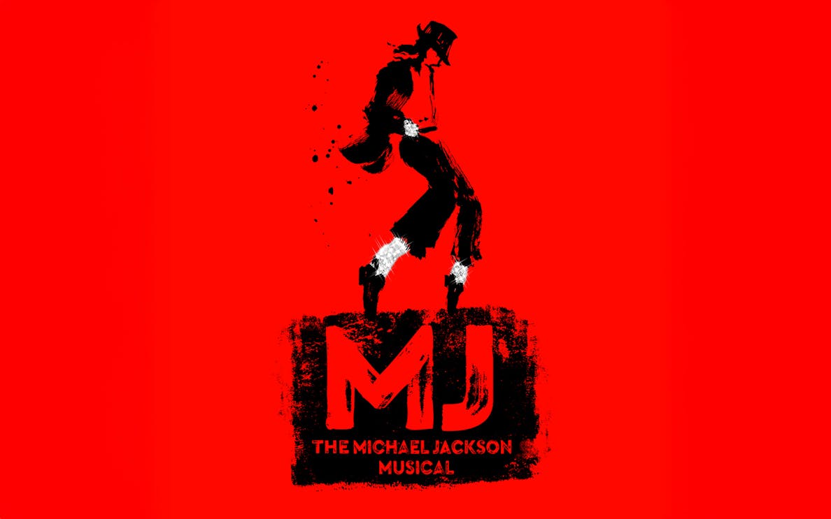 MJ The Musical logo with silhouette of a dancer on a red background.