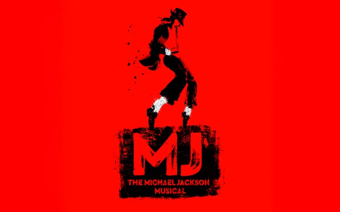 MJ The Musical logo with silhouette of a dancer on a red background.