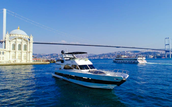 Cruise boats on the Bosphorus near Ortaköy Mosque and Bosphorus Bridge, Istanbul.