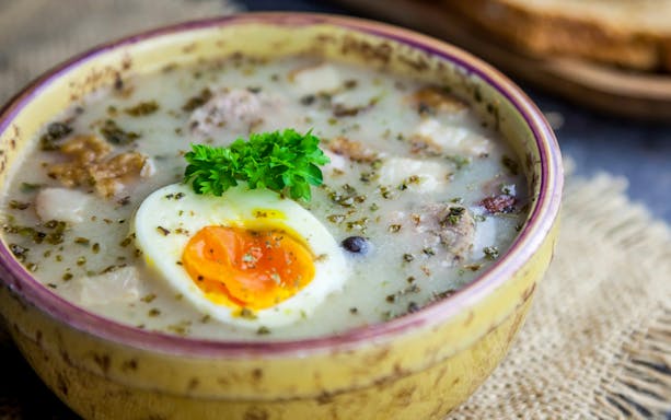 Traditional Polish soup served on Gdansk to Westerplatte pirate ship lunch cruise.