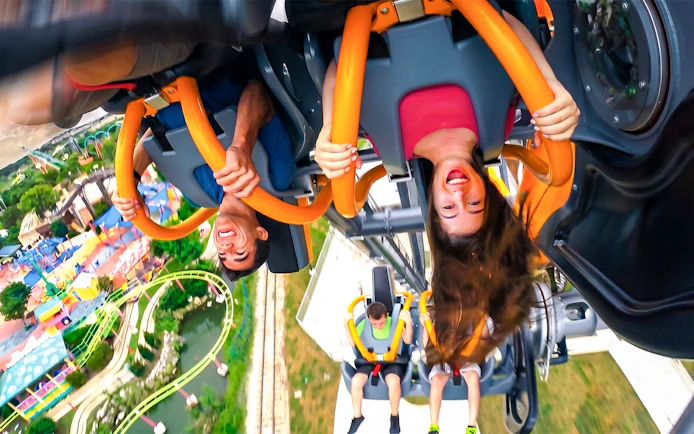 Riders upside down on BATMAN™ The Ride at Six Flags Fiesta Texas.