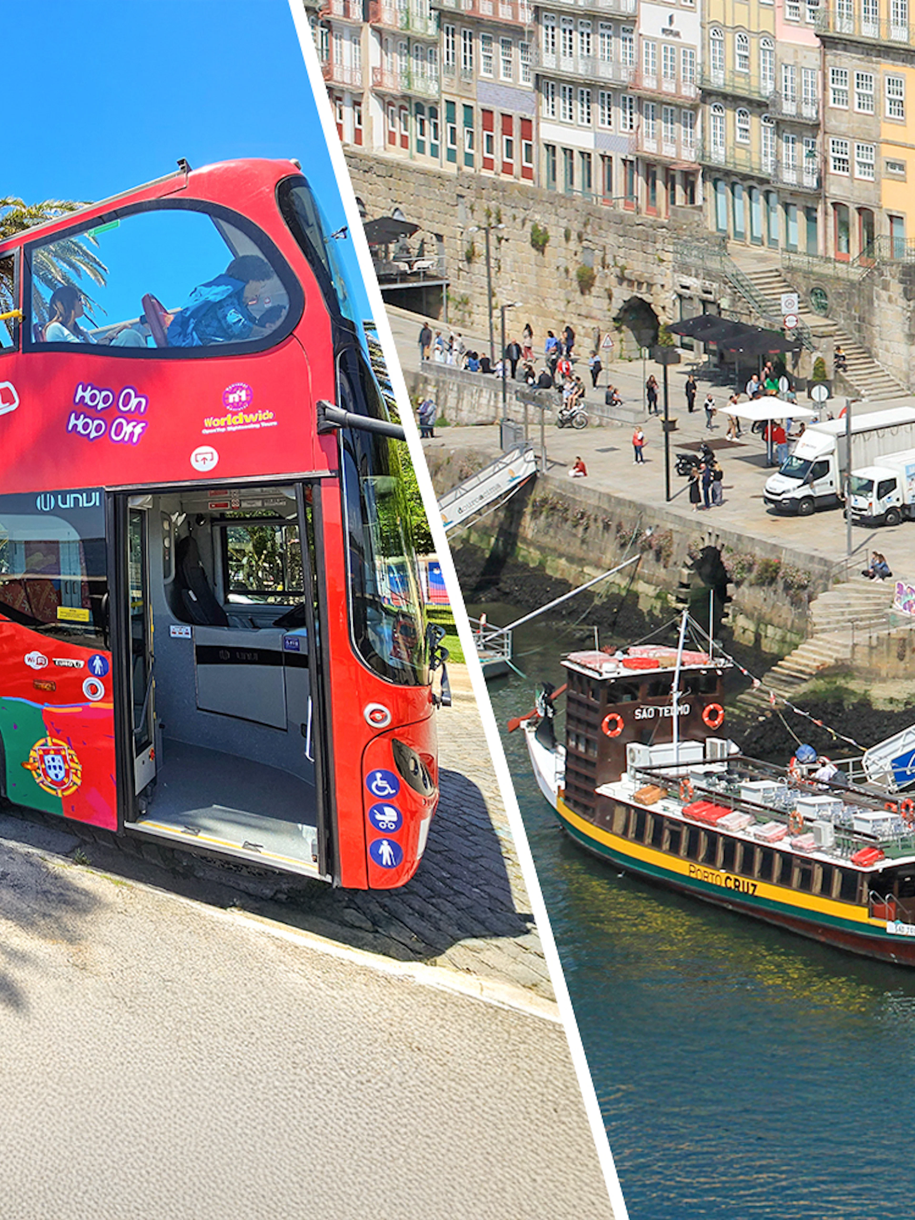 City Sightseeing Porto bus and Duoro River cruise boat at Ribeira Square.