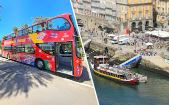 City Sightseeing Porto bus and Duoro River cruise boat at Ribeira Square.