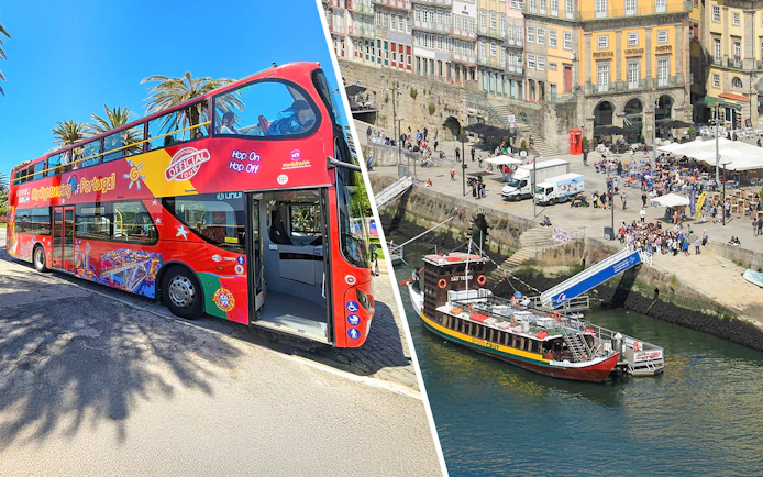 City Sightseeing Porto bus and Duoro River cruise boat at Ribeira Square.