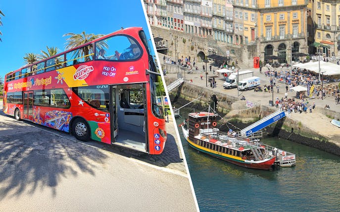 City Sightseeing Porto bus and Duoro River cruise boat at Ribeira Square.