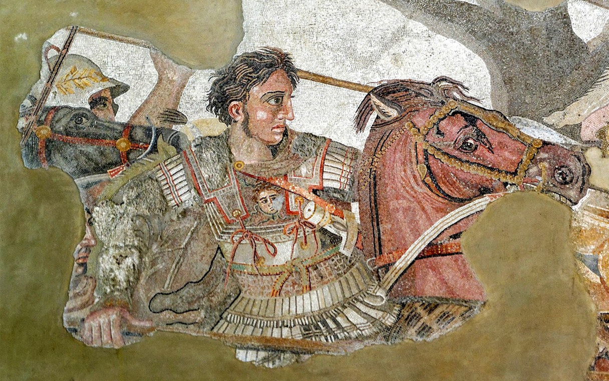 Mosaic of a warrior on horseback at the Archaeological Museum of Naples.