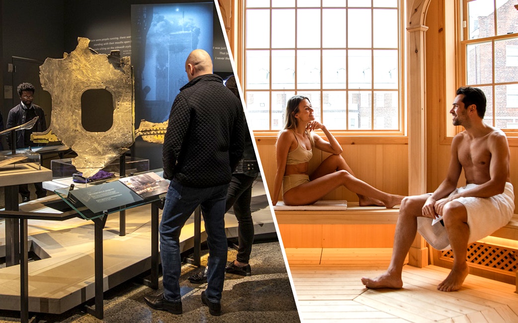 9/11 Memorial Museum exhibit and couple relaxing at QC New York spa.