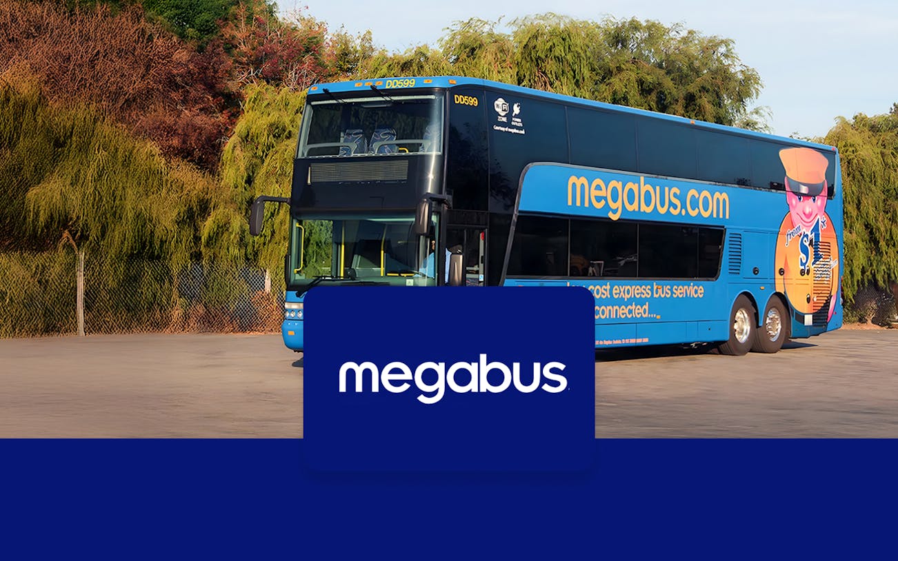 Megabus parked, offering service from Toronto to Niagara Falls.