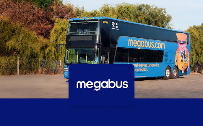 Megabus parked, offering service from Toronto to Niagara Falls.